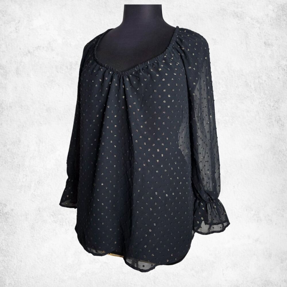 Lane Bryant Black Sheer Blouse 14/16 – Plus Size Metallic Dot Long Sleeve Top - Picture 1 of 6